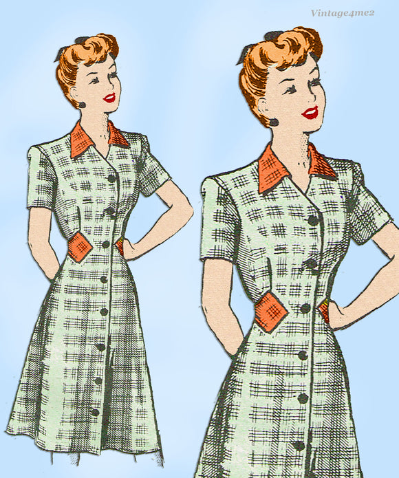 1940s Vintage Marian Martin Sewing Pattern 9093 Misses WWII Street Dress Sz 37 B