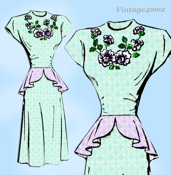 1940s Vintage Anne Adams Sewing Pattern 4881 Misses Peplum Dress Sz 30 Bust
