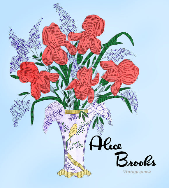 1930s Vintage Alice Brooks Embroidery Transfer 5569 Uncut Iris Lilac Vase ORIG