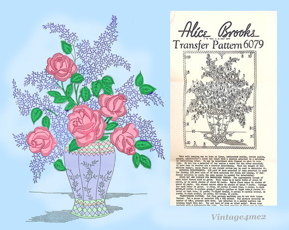 1930s Vintage Alice Brooks Embroidery Transfer 6079 Uncut Rose Lilac Vase ORIGINAL