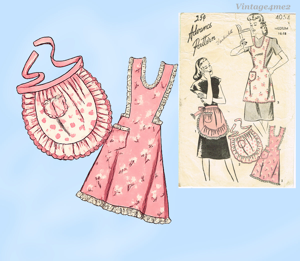 1940s Vintage Advance Sewing Pattern 4054 WWII Misses Apron Set