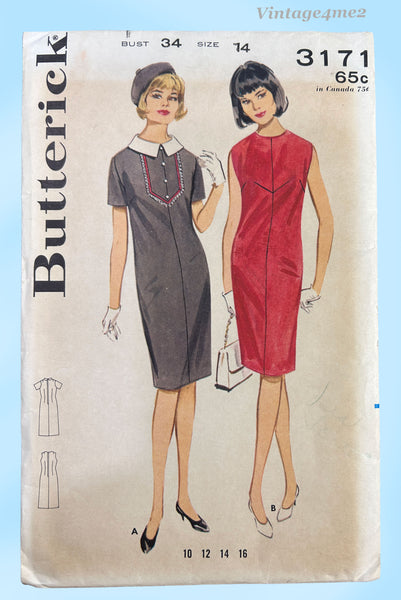 Butterick 3171: 1960s Classic Misses Sheath Dress Sz 34 B Vintage Sewing Pattern