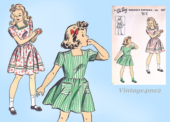 1940s Vintage Du Barry Sewing Pattern 5647 Older Girls WWII Day Dress Sz 12