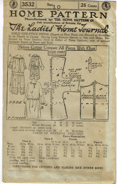 Ladies Home Journal 3532: 1920s Uncut Girls Party Dress Vintage Sewing Pattern