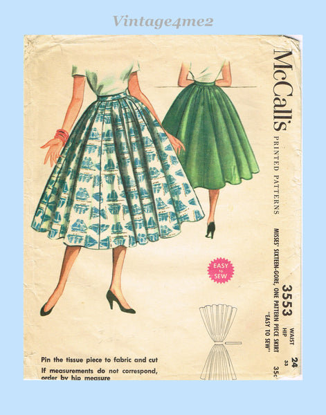 McCall's 3553: 1950s Charming Misses 16 Gore Skirt 24 W Vintage Sewing Pattern