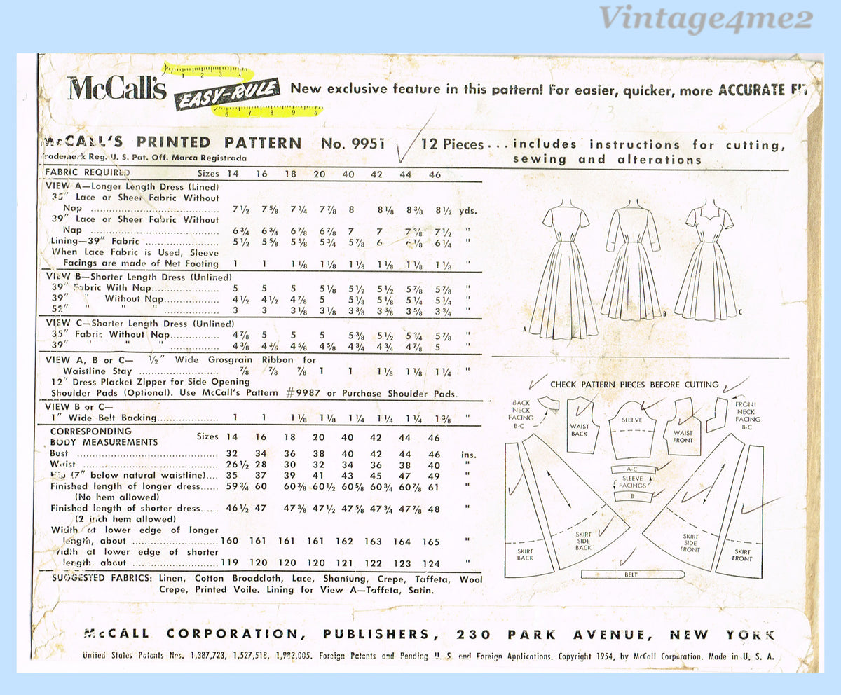 1950s Vintage McCalls Sewing Pattern 9951 Plus Size Evening Gown 46 B ...