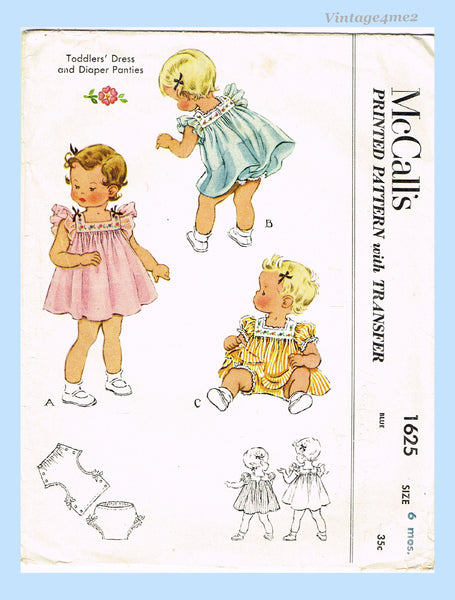 1950s Vintage McCalls Sewing Pattern 1625 Baby Girls Bloomer Dress Sz 6 Months