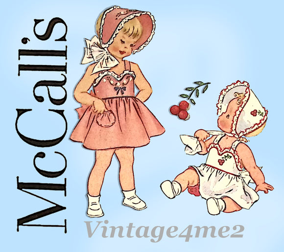 McCall 1672: 1950s Toddler Fancy Sun Dress w Bonnet Sz 1 Vintage Sewing Pattern UNCUT