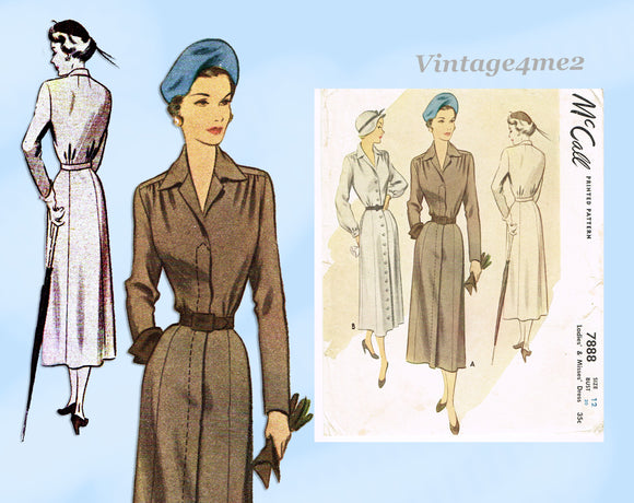 1940s Vintage McCall Sewing Pattern 7888 Post WWII Shirtwaist Dress Sz 30 B