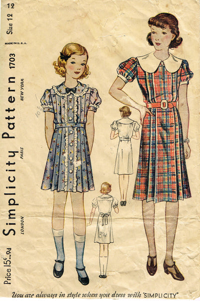 Simplicity 1703: 1930s Sweet Little Girls Dress Size 12 Vintage Sewing Pattern