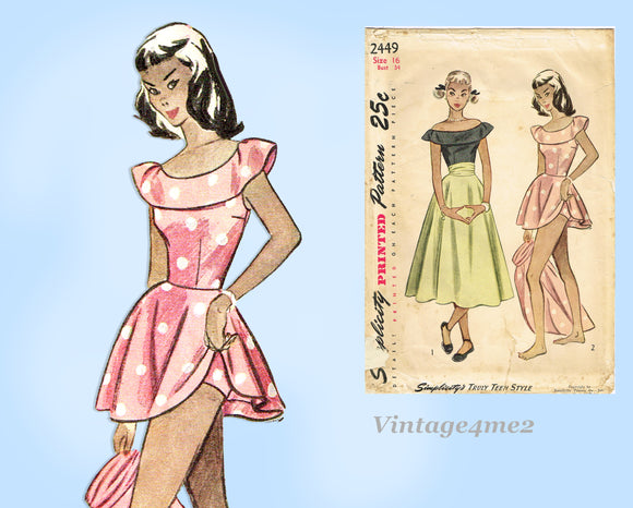 1940s Vintage Simplicity Sewing Pattern 2449 B each Romper w Skirt Sz 34 Bust