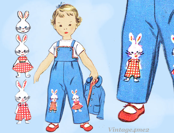 1950s Vintage Simplicity Sewing Pattern 4417 Cute Toddlers Bunny Overalls Set