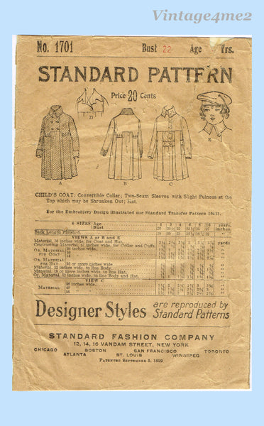 Standard 1701: 1920s Toddler Girls Coat & Hat Set Size 3 Vintage Sewing Pattern