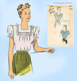 1940s Vintage Advance Sewing Pattern 3994 Misses WWII Blouse Size 30 Bust