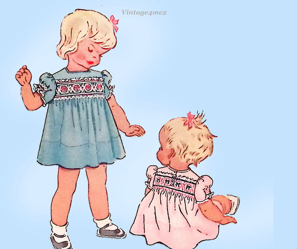 1940s Vintage McCalls Sewing Pattern 1421 Uncut Baby Girls Smocked Dress Size 1