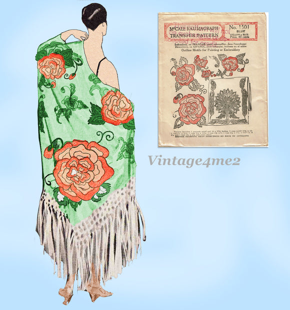 1920s Vintage McCall Embroidery Transfer 1501 Uncut Flapper Wrap Motifs RARE