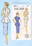 New York 929: 1950s Uncut Misses 2 Piece Peplum Dress 32B Vintage Sewing Pattern