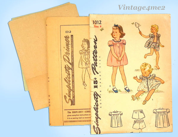 Simplicity 1012: 1940s WWII Toddler Girls Dress Size 4 Vintage Sewing Pattern