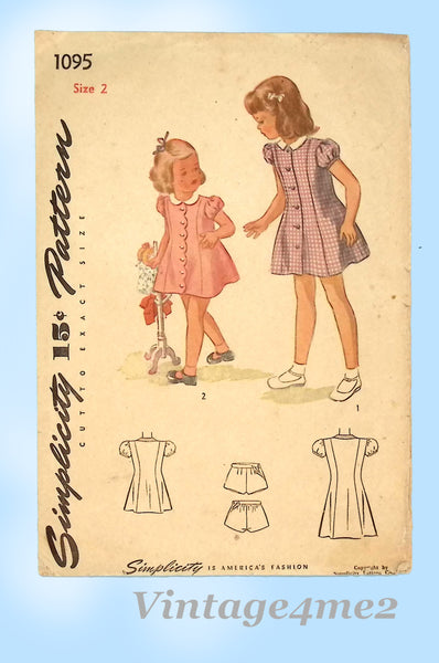 Simplicity 1095: 1940s Cute WWII Toddler Girls Dress Sz 2 Vintage Sewing Pattern