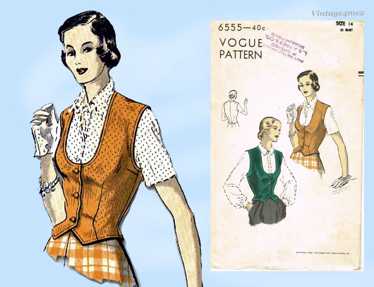 1940s Vintage Vogue Sewing Pattern 6555 Misses Weskit Vest Size
