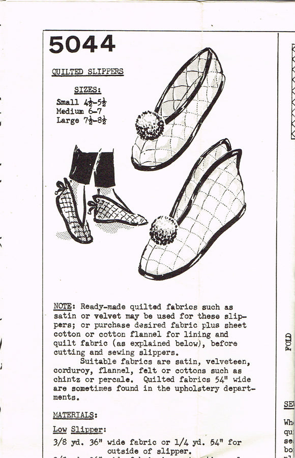 1960s Original Vintage Mail Order Pattern 5044 Uncut Quilted Slippers Size S-M-L