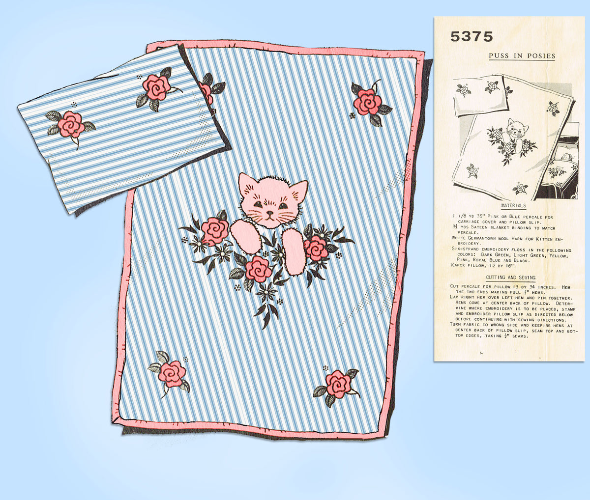 1950s Vintage Anne Cabot Embroidery Transfer 5375 Uncut Baby Crib Set