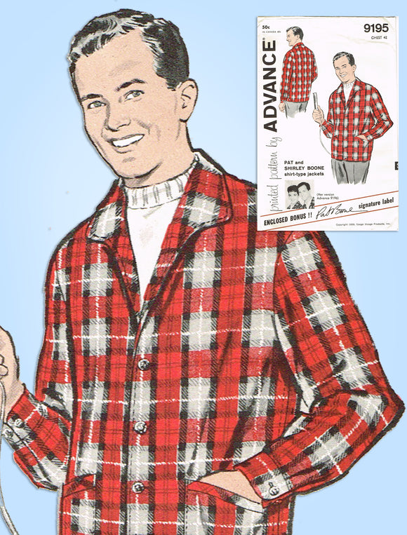 Advance 9195: 1950s Men's Pat Boone Shirt Size 42 Chest Vintage Sewing Pattern - Vintage4me2