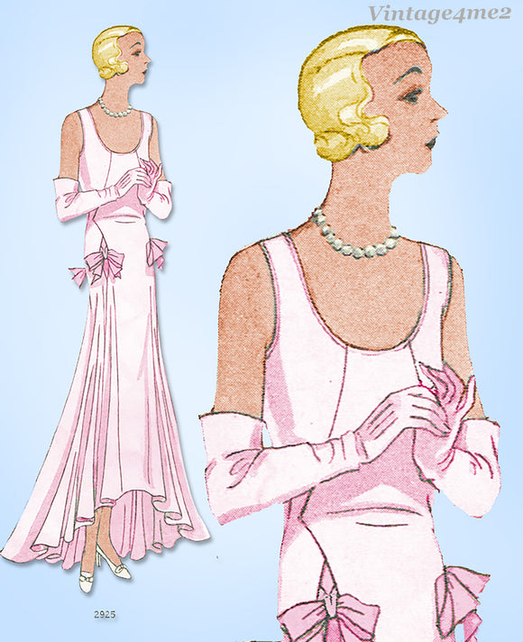 1930s Rare Vintage Butterick Pattern 2925 Misses Flapper Evening Gown Sz 33 B