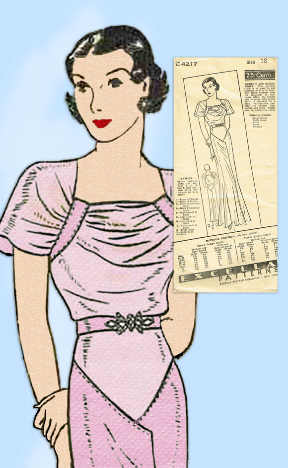 Excella 4217: 1930s Uncut Misses Evening Gown Size 36 B Vintage Sewing Pattern - Vintage4me2