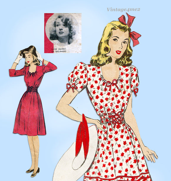 Hollywood 1061: 1940s WWII Dress w Shirred Waist Sz 30 B Vintage Sewing Pattern