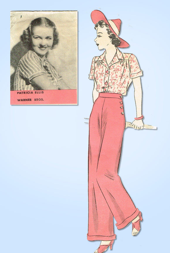 1930s Vintage Hollywood Sewing Pattern 1372 Misses Blouse and Slacks Size 30 B