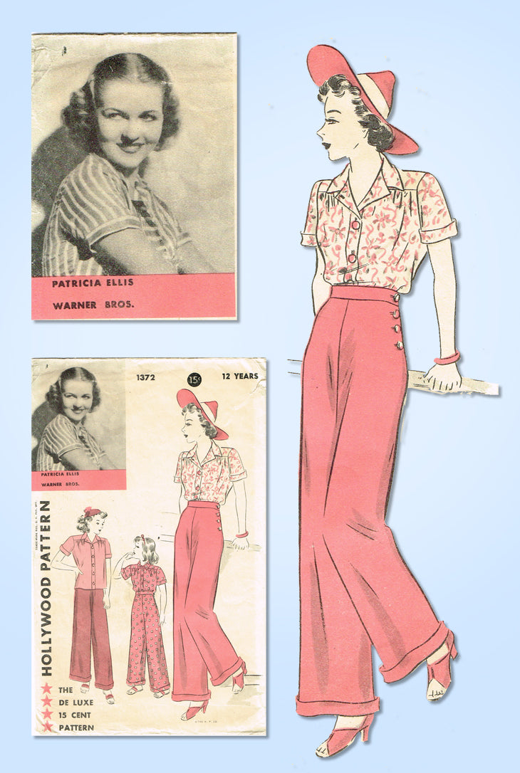 1930s Vintage Hollywood Sewing Pattern 1372 Misses Blouse and