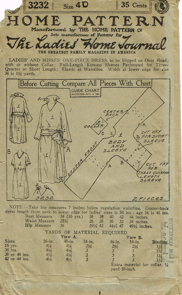 Ladies Home Journal 3232 1920s Uncut Plus Size Dress 40B Vintage Sewi