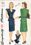 1940s Vintage Simplicity Sewing Pattern 1172 Easy Misses Peplum Dress Sz 30 Bust