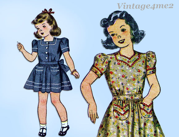 1940s Vintage Simplicity Sewing Patern 4103 Cute WWII Little Girls Day Dress Sz 8