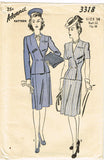 1940s Vintage Misses WWII Suit 1943 Advance Sewing Pattern 3318 Size 14