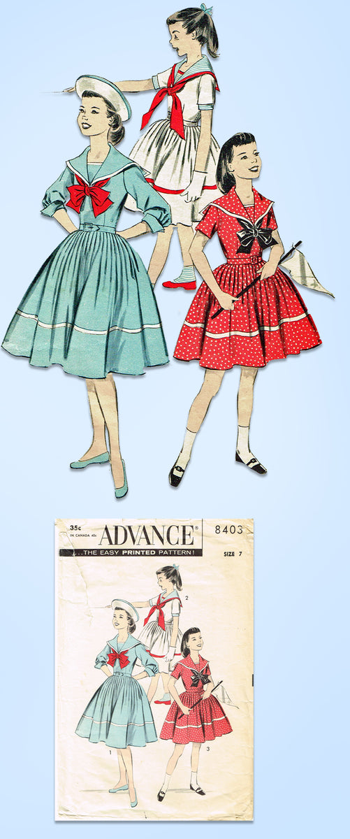 1950s Vintage Advance Sewing Pattern 8403 Girls Sailor Dress