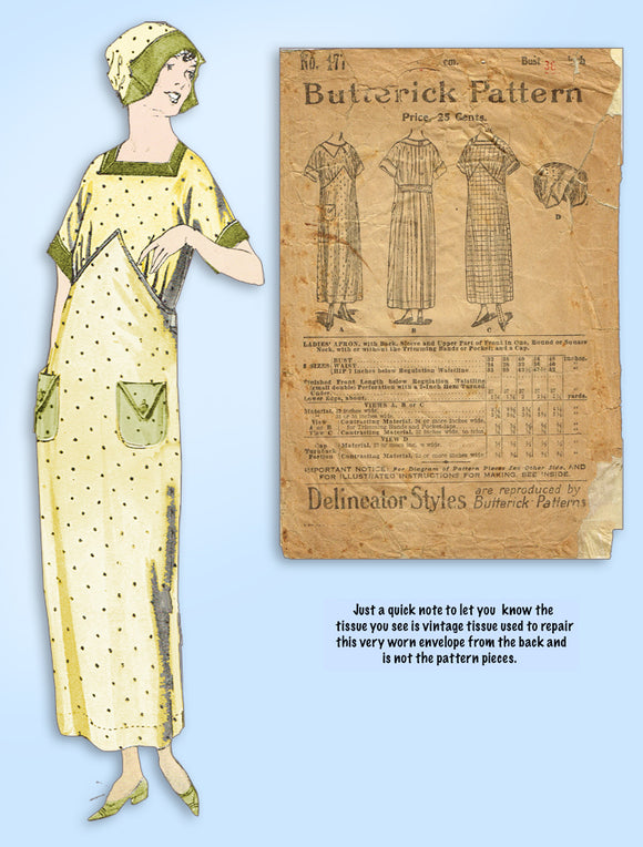 1910s Antique Butterick Sewing Pattern 1777 WWI Misses Apron Dress & Cap Sz 36 B