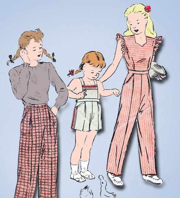 1940s Vintage Butterick Sewing Pattern 3381 WWII Girls Pants or Overalls Size 10