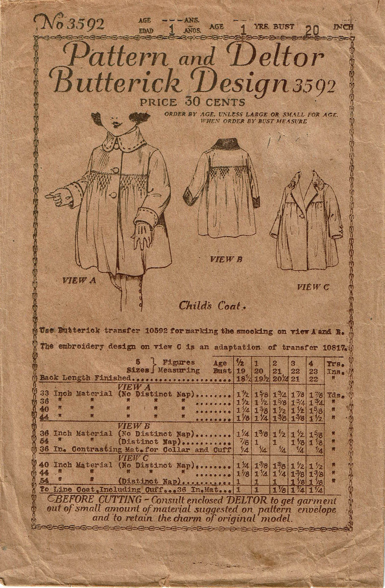 1920's Butterick Child's Double Breasted Coat Pattern - Chest 30