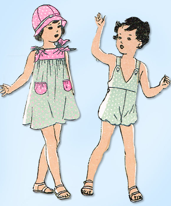 1930s Original Vintage Butterick Pattern 6262 Baby Girls Dress Sunsuit & Hat Sz2