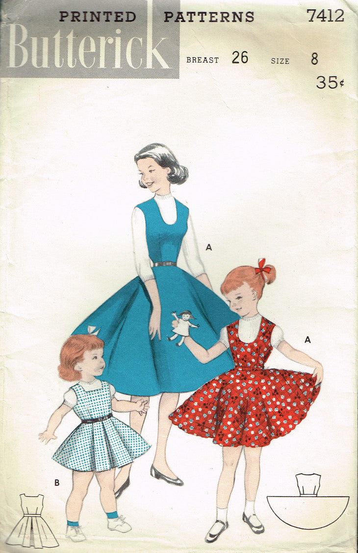 1950s Vintage Butterick Sewing Pattern 7412 Little Girls Sun Dress or  Jumper Sz8