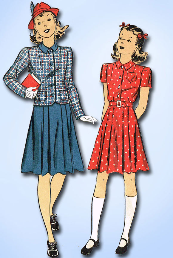 1940s Original Vintage Du Barry Pattern 2466 WWII Girls Shirtwaist Dress Size 8
