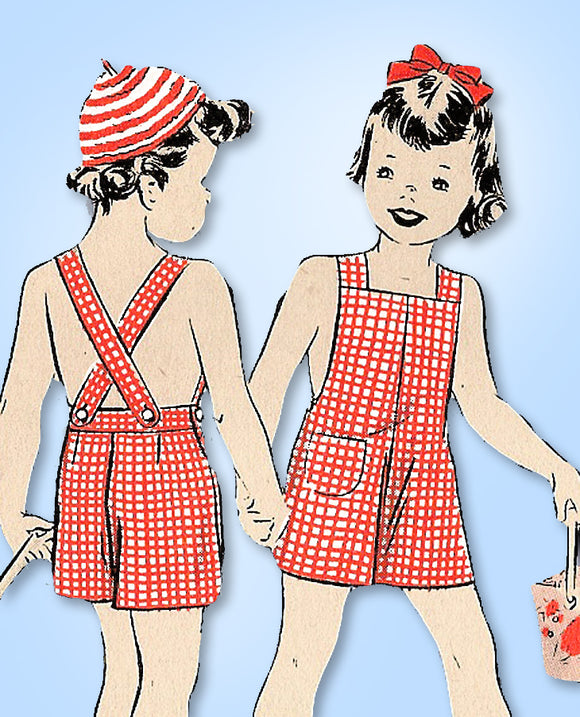 1940s Vintage Hollywood Pattern 882 Toddlers Overalls w Crochet Shirt & Cap Sz 4