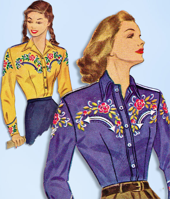 1940s Vintage McCall Sewing Pattern 1295 Misses Embroidered Western Shirt Sz 32B