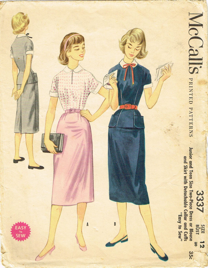 1950s Vintage McCalls Sewing Pattern 3337 Uncut Girls 2 PC Dress Sz 12 –  Vintage4me2