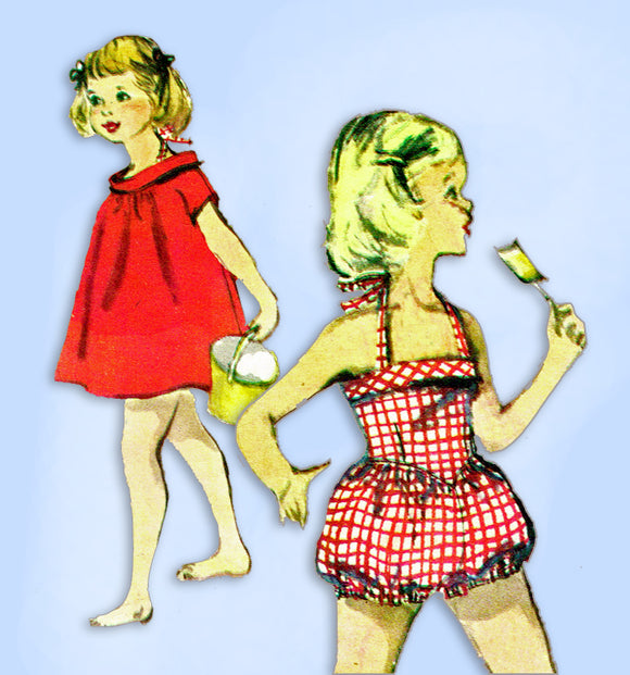 1950s Vintage McCalls Sewing Pattern 3628 Baby Girls Swim Suit & Cover Up Size 2