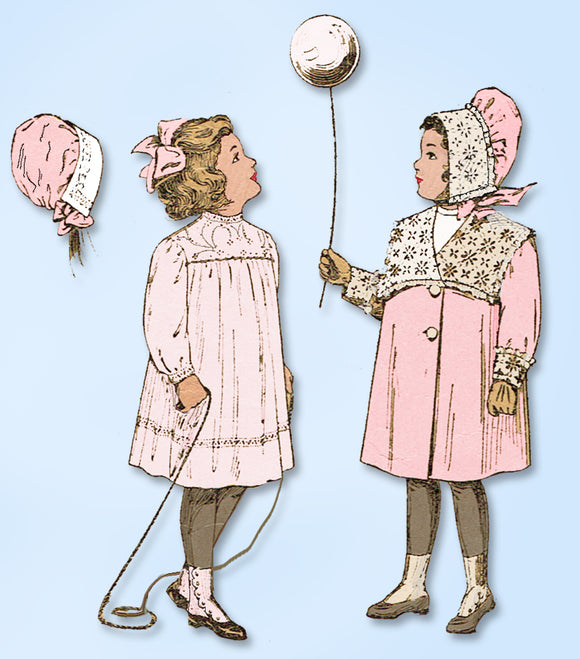 1910s Original Vintage McCall Pattern 3874 Toddler Girls Dress Coat & Bonnet Sz3