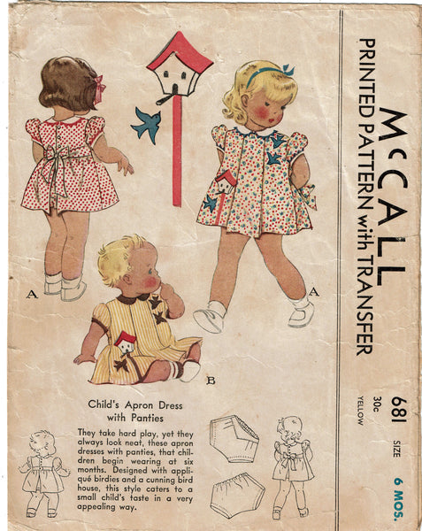 McCall 681: 1930s Sweet Baby Girls Apron Dress Sz 6 mos Vintage Sewing Pattern