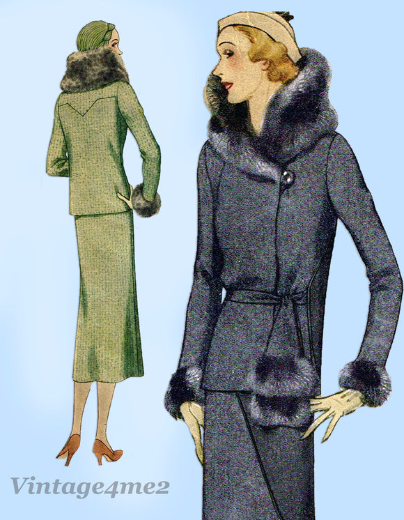 McCall 7106: 1930s Uncut Misses Fur Trimmed Suit Sz 38 B Vintage Sewing Pattern - Vintage4me2